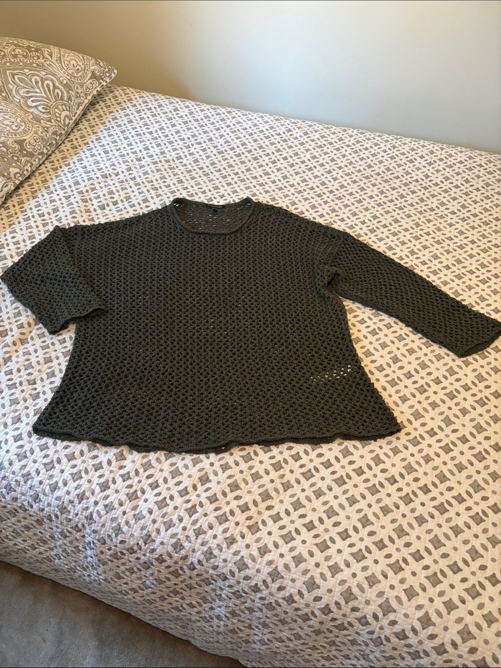 Eileen Fisher Olive Crochet Open-Knit Crew Sweater